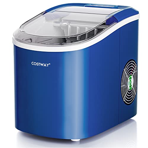 COSTWAY Countertop Ice Maker, Self-Cleaning Function, Ready in 6 Minutes, 27 LBS/24H Portable Bullet-Shaped Ice Cube Maker with Scoop, Removable Basket, Compact Ice Machine for Home, Office, Navy