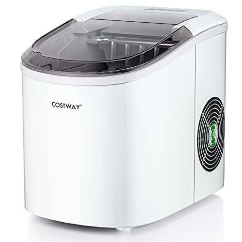 COSTWAY Countertop Ice Maker, Self-Cleaning Function, Ready in 6 Minutes, 27 LBS/24H Portable Bullet-Shaped Ice Cube Maker with Scoop, Removable Basket, Compact Ice Machine for Home, Office, White