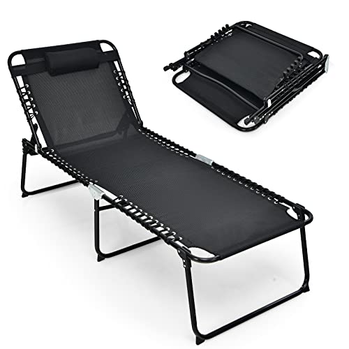 COSTWAY Folding Lounge Chaise Chair 4 Position Patio Recliner w/Pillow Sunbathe Chair Black