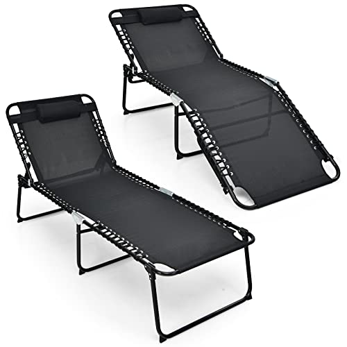 COSTWAY 2 PCS Folding Lounge Chaise Chair 4 Position Patio Recliner w/Pillow Sunbathe Chair Black