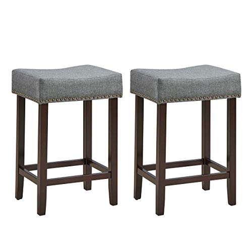 COSTWAY Counter Height Bar Stools Set of 2, 24-inch Height Backless Saddle Stools with Brass Nailhead Trim, Thick Cushion, Solid Wood Legs, Modern Bar Stools for Kitchen Island Bistro, Grey