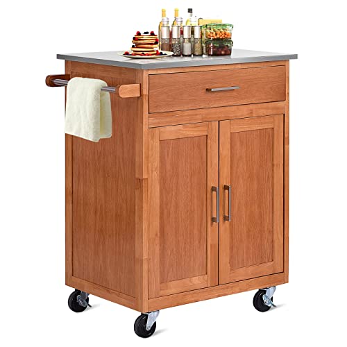 COSTWAY Kitchen Storage Island Cart on Wheels, Kitchen Rolling Trolley Cart with a Large Drawer, Stainless Steel Tabletop, Storage Cabinet and Towel Rack, 360¡ Wheel, for Dining Room, Living Room