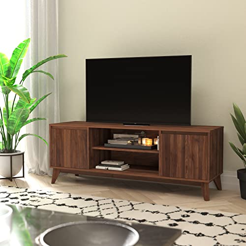 Flash Furniture Hatfield Mid-Century Modern TV Stand For up to 64 inch TV's - Walnut Laminate Finish - 60 Inch Media Center - Adjustable Center Shelf-Soft Close Doors