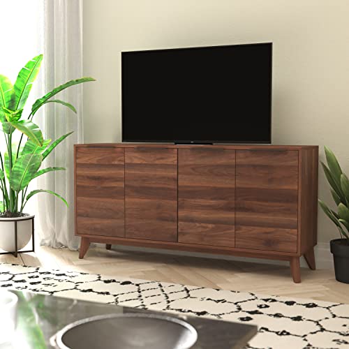 Flash Furniture Hatfield Mid-Century Modern 4 Door Storage Buffet - Dark Walnut Sideboard - 60 Inches - Soft Close Doors - Adjustable Shelves - Holds up to 64" TV's