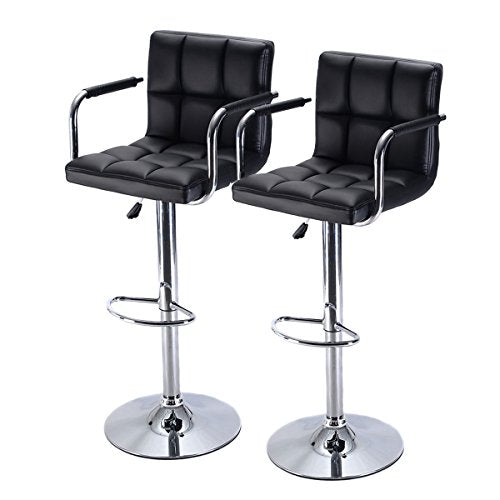 COSTWAY Set of 2 PU Leather Bar Stool Modern Design Adjustable Swivel Barstools Hydraulic Bar Stool w/Arm (Black)