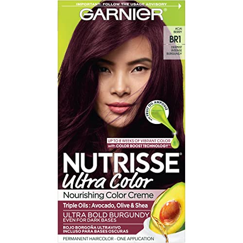 Garnier Hair Color Nutrisse Ultra Color Nourishing Creme, BR1 Deepest Intense Burgundy (Acai Berry) Red Permanent Hair Dye, 1 Count (Packaging May Vary)