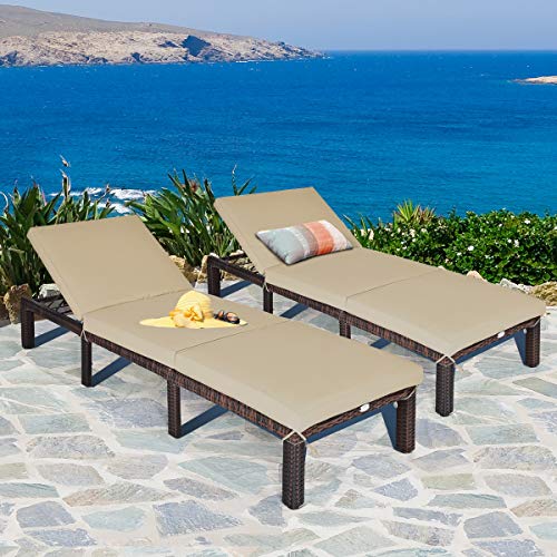 COSTWAY 2PCS Outdoor Rattan Lounge Chair Chaise Recliner Adjustable Cushioned Brown