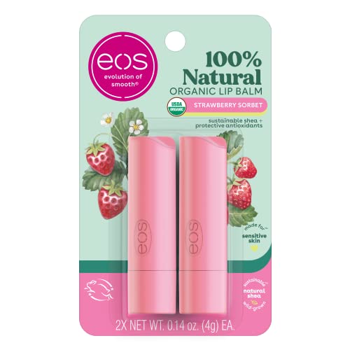 eos 100% Natural & Organic Lip Balm- Strawberry Sorbet, Dermatologist Recommended for Sensitive Skin, All-Day Moisture, 0.14 oz, 2 Pack
