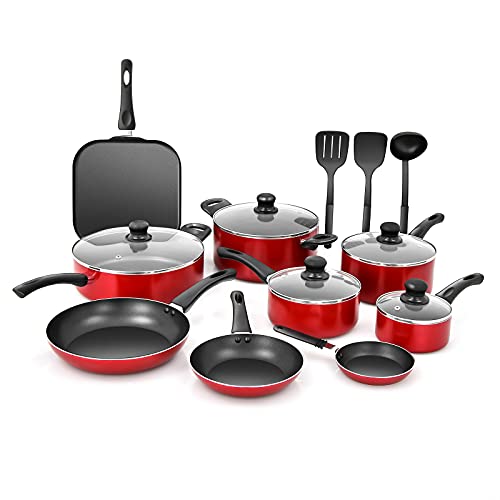 COSTWAY 17 Pieces Hard Anodized Cookware Set, Kitchenware Set with Non-Stick Coating, Pots and Pans Set for Cooking, Dishwasher & Oven Safe