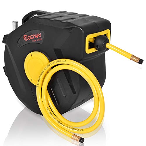 COSTWAY 3/8 Inch x 50 ft Retractable Air Hose Reel, 300 PSI Auto Rewind Tool Compressor with Slow Return System and Nozzle Protector, Heavy Duty Wall Mounted Ideal for Repair, Manufacture, Garage