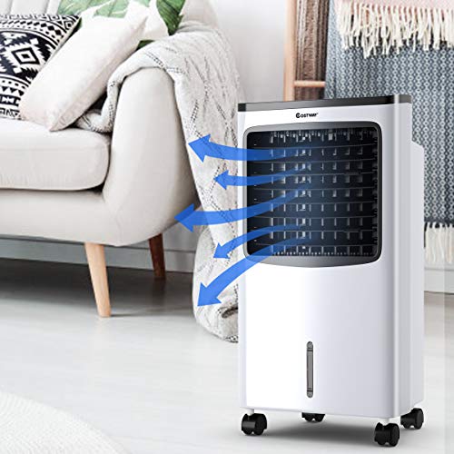 COSTWAY Evaporative Cooler, Portable Cooling Fan with Remote Control, 3-Mode, 3-Speed and 7.5H Timer Function, Include Ice Crystal Boxes, Water Tank and Casters, Bladeless Air Cooler