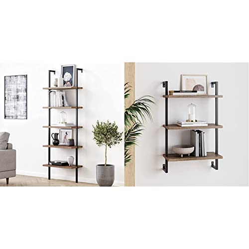 Nathan James Theo 5-Shelf Oak Wood Modern Bookcase, Open Wall Mount Ladder Bookshelf & Theo 3-Shelf Small Bookcase, Floating Wall Mount Bookshelf, Rustic Oak/Matte Black