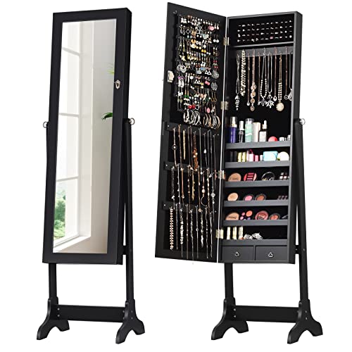 COSTWAY Standing Jewelry Armoire Cabinet, 4-Angle Tilting Jewelry Organizer with Full-length Mirror and Large Storage Capacity, Lockable Jewelry Cabinet for Bedroom, Dressing Room (Black)