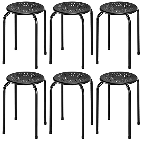 COSTWAY 6-Pack Steel Stack Stools, 17.5-InchÊHeight Portable Stackable Backless School Stools with Daisy Design, Round Classroom Decoration Stools Set of 6 for Kids Children Students, Black