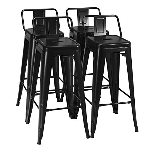 COSTWAY Metal Bar stools Set of 4, with Removable Back, 30ÔÕ Bar Height with Rubber Feet, Stylish and Modern Chairs, for Kitchen, Dining Rooms, and Side Bar (Black, 30'')