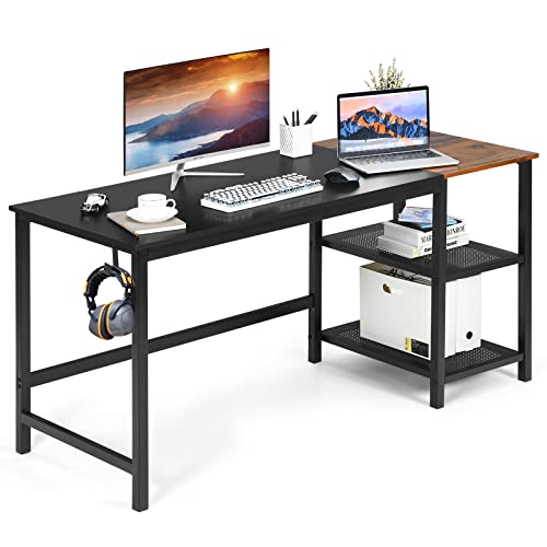 COSTWAY 59Ó Computer Desk, with 2 Removable Storage Shelves, Industrial Writing Workstation with Headphone Hook, for Home Office, Gaming Desk (Black)