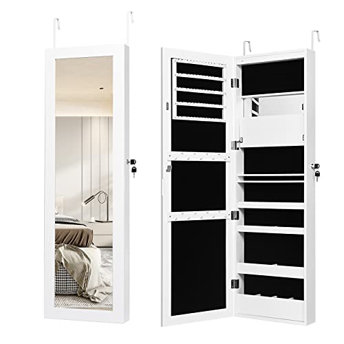 COSTWAY 12 LEDs Jewelry Cabinet, Wall/Door Mounted Jewelry Organizer Cabinet with 53.5Ó Full Length Mirror & Large Storage Capacity, Lockable Mirror Jewelry Armoire for Women Girls (White)