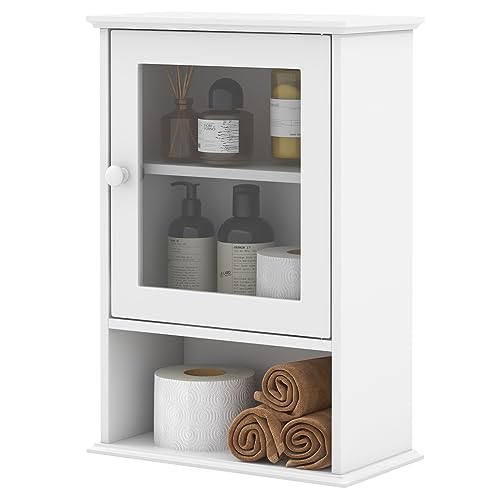 COSTWAY Bathroom Wall Cabinet, Over The Toilet Storage Organizer with Adjustable Shelf & Tempered Glass Door, Modern Wall Mounted Medicine Cabinet for Bathroom, Living Room, Entryway (White)