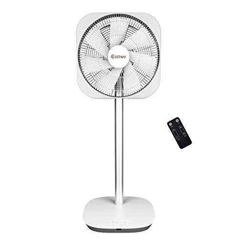 COSTWAY Pedestal Fan, 12-Inch DC Cooling Oscillating Standing Fan, Silent Designing Stand Floor Fan w/Remote Control, 6 Speed Options, 8 Hour Timer Setting Bracket, White