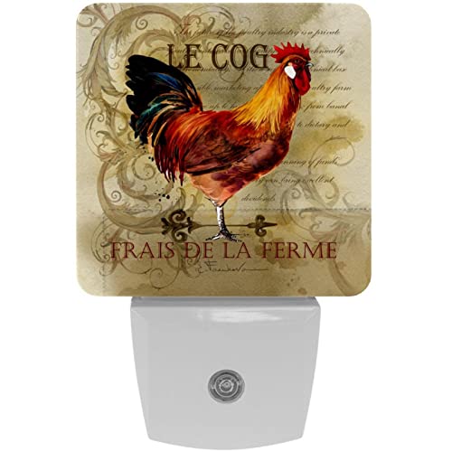 2 Pack Plug-in Nightlight LED Night Light French Rooster Vintage, Dusk-to-Dawn Sensor for Kid's Room Bathroom, Nursery, Kitchen, Hallway