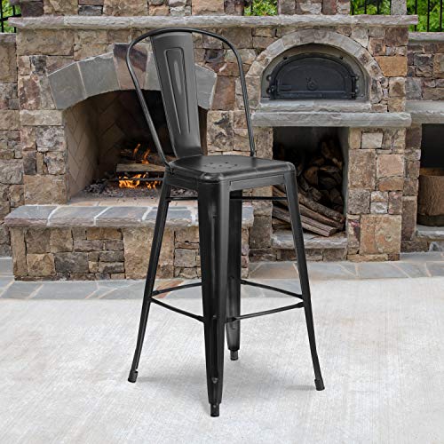 Flash Furniture Blake Commercial Grade 4 Pack 30" High Distressed Black Metal Indoor-Outdoor Barstool with Back