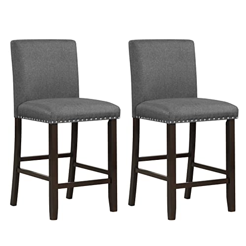 COSTWAY Bar Stools Set of 2, 25.5Ó Linen Fabric Armless Counter Height Chair with Back, Kitchen Island Breakfast Chair for Dining Room, Party Room & Restaurant (2, Grey)