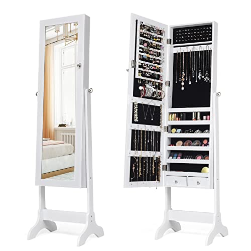 COSTWAY Standing Jewelry Armoire Cabinet, 4-Angle Tilting Jewelry Organizer with Full-length Mirror and Large Storage Capacity, Lockable Jewelry Cabinet for Bedroom, Dressing Room (White)