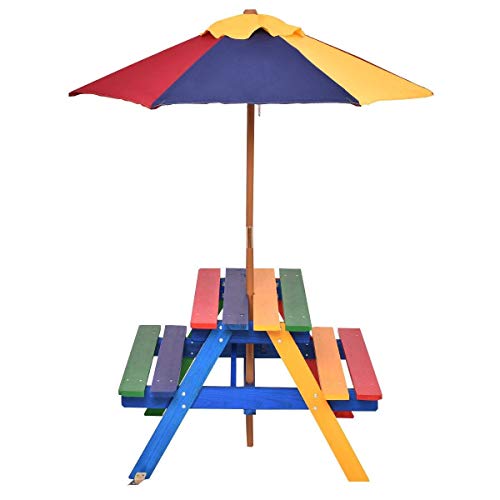 Costway 4 Seat Kids Picnic Table w/Umbrella Garden Yard Folding Children Bench Outdoor