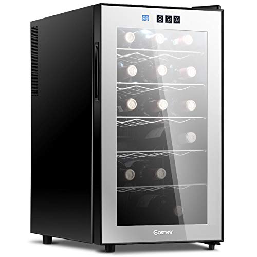 COSTWAY Wine Cooler, 18 Bottles Freestanding Champagne Chiller, Counter Top Wine Cellar, with Digital Temperature Display, Smoked Glass Door, Quiet Operation Single Zone Fridge, Black