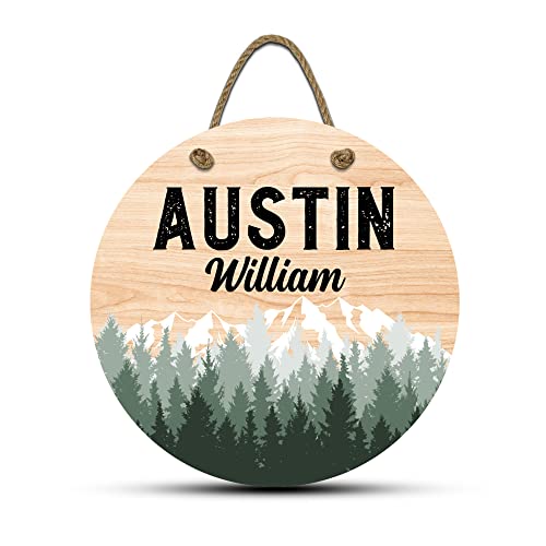 Woodland Pine Tree Mountain Name Hanging Sign, 12 inch diameter.