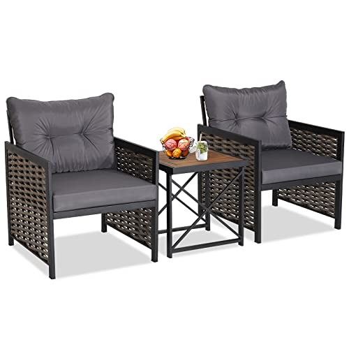 COSTWAY 3 PCS Patio Rattan Furniture Set Acacia Wood Coffee Table & 2 Chairs Backyard