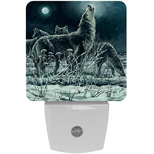 2 Pack Plug-in Nightlight LED Night Light Flock of Wolves Howl to The Moon, Dusk-to-Dawn Sensor for Kid's Room Bathroom, Nursery, Kitchen, Hallway