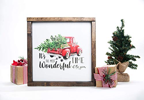 Farmhouse Christmas Sign Red Truck in Wood Frame 12in x 12in Winter Decor