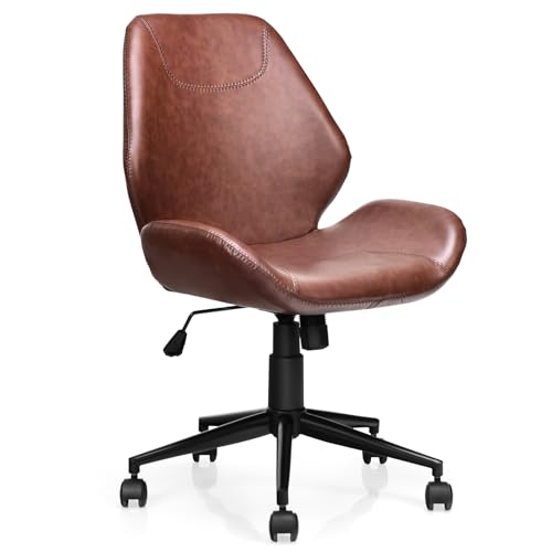 COSTWAY Armless Office Desk Chair, Mid-Back PU Leather Computer Task Chair with Rocking Back & Swivel Seat, Ergonomic Adjustable Leisure Chair with 5-Claw Metal Base for Home Office, Brown