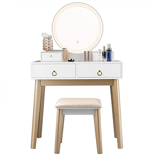 COSTWAY Vanity Table Set with LED Lighted Mirror, Makeup Dressing Table Set with 3 Color Lighting Modes & Adjustable Brightness, Vanity Desk with Cushioned Stool for Women, Girls, White