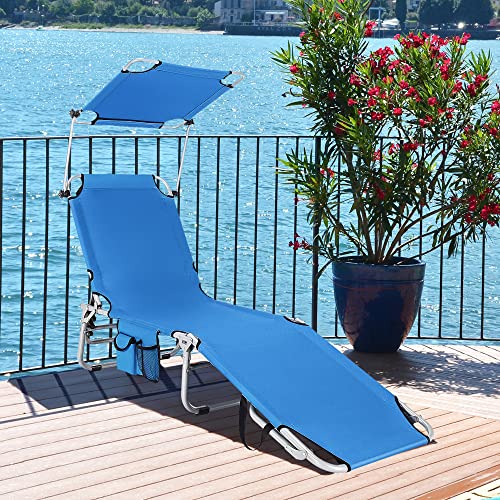 COSTWAY Foldable Lounge Chair Outdoor Adjustable Beach Pool Recliner W/Sun Shade Navy