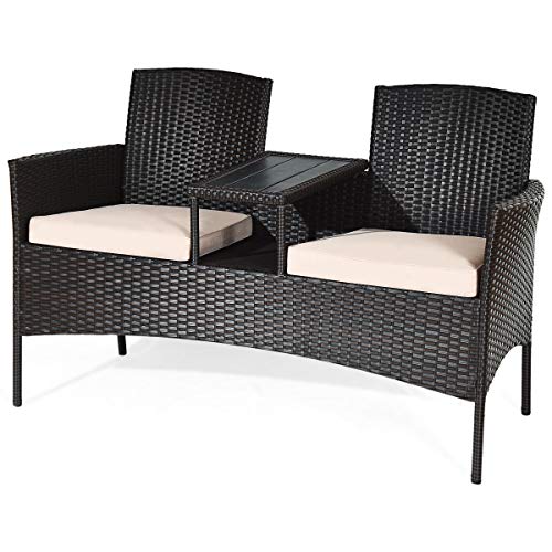 COSTWAY Patio Rattan Conversation Set Loveseat Sofa Cushioned Coffee Table Mix Brown