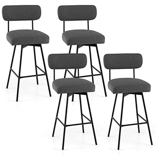 COSTWAY Bar Stools Set of 4, 29Ó Upholstered Bar Height Chairs with Back, 360¡ Swivel Dining Chairs with Heavy-Duty Metal Legs and Footrests, for Kitchen Island, Dining Room, Bar (4, Grey)