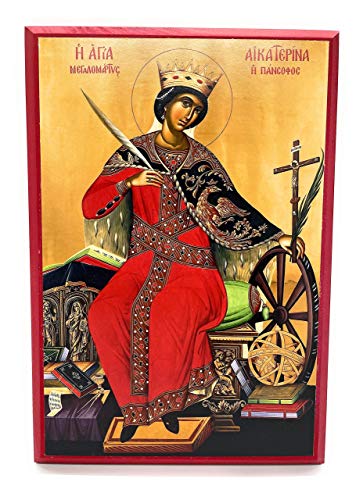 Wooden Greek Orthodox Christian Icon Saint Great Martyr Catherine (9" x 13")