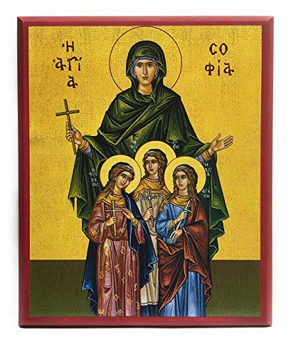 Wooden Greek Orthodox Christian Icon Martys Saint Sophia and Children Saints Faith, Hope, Love (9" x 11")