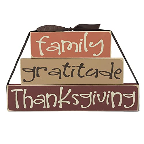 Family Gratitude Thanksgiving Wood Sign - Fall Seasonal Wooden Decor - Autumn Decorative Shelf Mantle Decoration