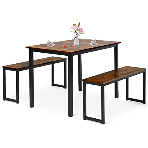 COSTWAY 3 PCS Dining Table Set for 4, Rectangular Kitchen Table with 2 Benches, Industrial Counter Height Table Set with Anti-Slip Pads, Heavy Duty Steel Frame for Dining Room, Kitchen, Bar (Coffee)