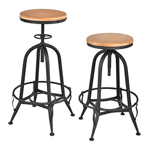 COSTWAY Set of 2 Counter Height Bar Stools, Swivel Adjustable, Metal Frame Side Chair with Round Wood Top, Industrial Barstool with footrest Ideal for Pub Bistro Kitchen Dining