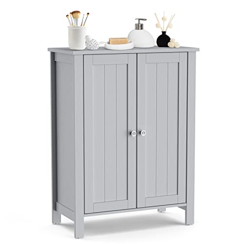 COSTWAY Bathroom Floor Cabinet - Freestanding Side Storage Organizer with Double Doors & Adjustable Shelf, Wooden Storage Cabinet for Living Room, Bedroom, Kitchen, Entryway (Grey)