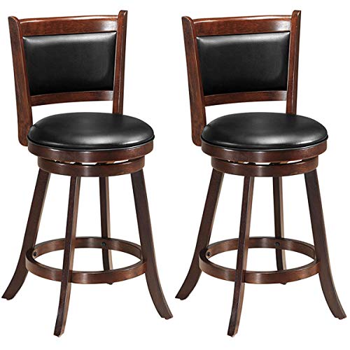 COSTWAY Bar Stools Set of 2, 360 Degree Swivel, Accent Wooden Swivel Seat Counter Height Bar Stool, Leather Upholstered Design, PVC Cushioned Seat, Perfect for Dining and Living Room (Height 24")