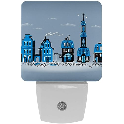 2 Pack Plug-in Nightlight LED Night Light Blue Old City Format, Dusk-to-Dawn Sensor for Kid's Room Bathroom, Nursery, Kitchen, Hallway