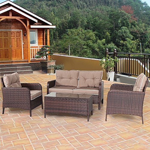 COSTWAY 4 PCS Outdoor Patio Rattan Wicker Furniture Set Sofa Loveseat W/Cushions