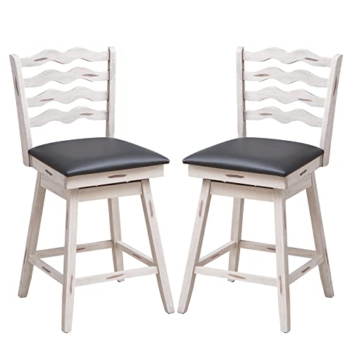 COSTWAY Bar Stools Set of 2, 25Ó 360¡ Swivel Counter Height Chairs with Rubber Wood Frame, Cushioned Seat, Ergonomic Backrest & Footrest, Wooden Upholstered Barstools for Kitchen Island (2, 25Ó)