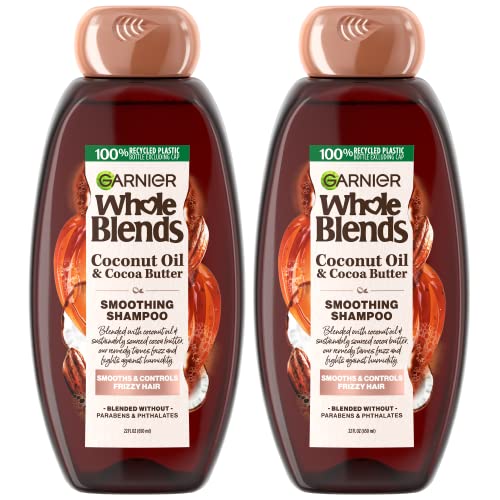 Garnier Whole Blends Coconut Oil & Cocoa Butter Smoothing Shampoo for Frizzy Hair, 22 Fl Oz, 2 Count (Packaging May Vary)