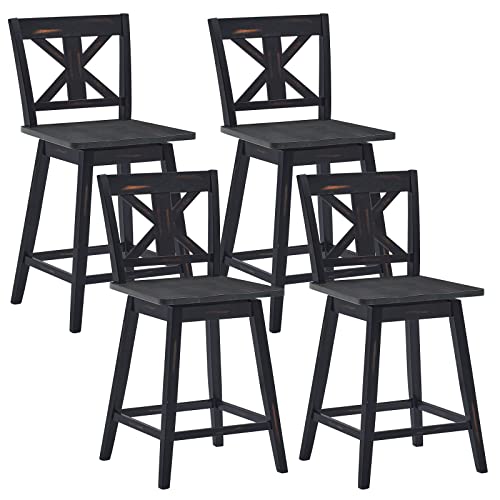 COSTWAY Bar Stools Set of 4, 360 Degree Swivel Counter Height Chairs w/Non-Slip Foot Pads, Rubber Wood Bar Chairs, Vintage Bar Stools for Home, Restaurant & Pub (Black)